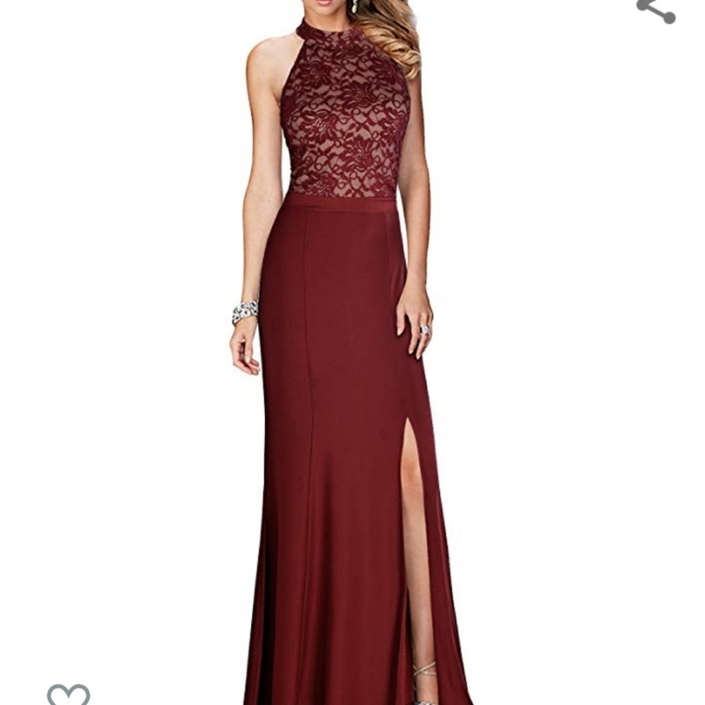 Red gown with slit and lace top